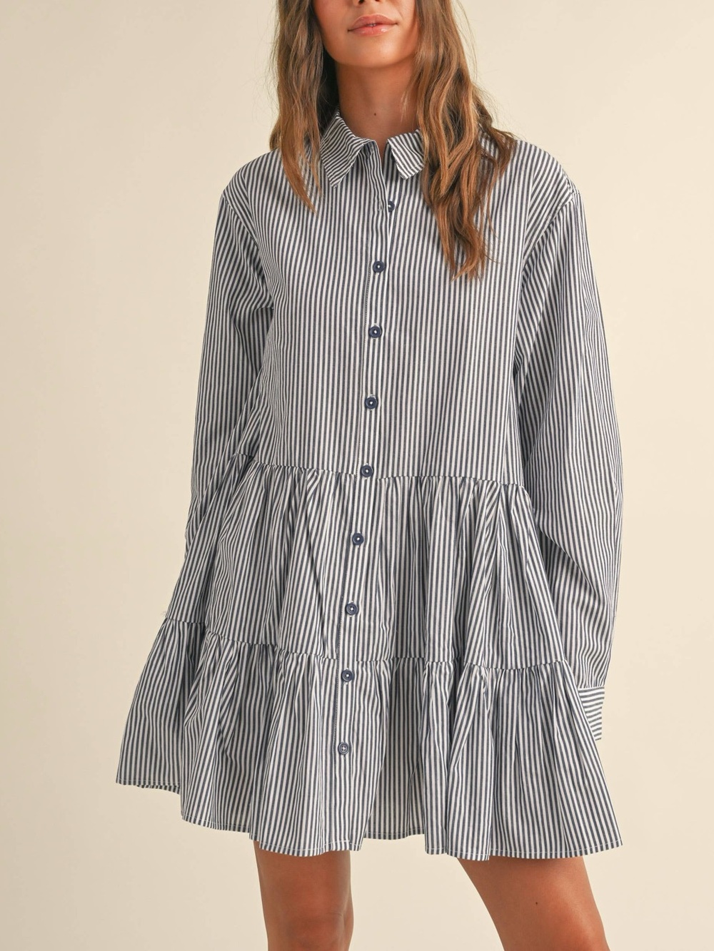 MIOU MUSE Striped Button Down Tiered Dress